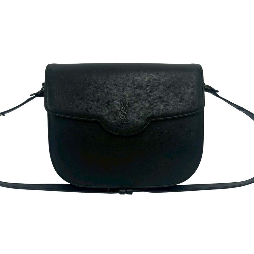 YVES SAINT LAURENT Vintage YSL Logo Leather Semi-Shoulder Bag/Pouch, Black, 3...